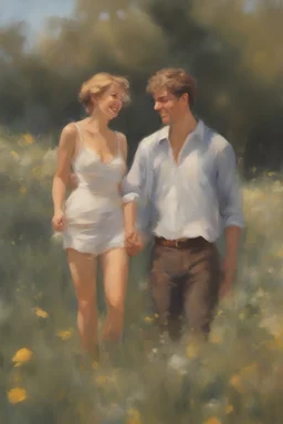 In the golden hues of a summer meadow, a young couple's laughter weaves through the air, flirtatious gazes and joyous embrace adorned by impressionist strokes.