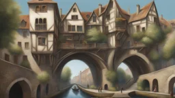 medieval buildings with balconies overhanging a canal, blue sky and people, photorealism, trees, foliage, piers, fantastical, intricate detail, concept art, people ultra sharp image, sharp focus, hyperrealism