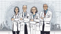 The image depicts a group of pioneering scientists standing together against a modern scientific backdrop. The scientists are dressed professionally and exhibit enthusiastic smiles. The image showcases intricate details of modern scientific and technological tools in the background, indicating the advancement of technology and science. The image conveys a message of inspiration and ambition to change the world through scientific research and innovative technology.