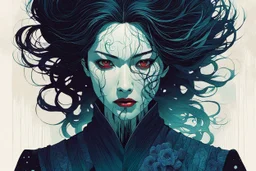 create an imaginative print illustration of an ethereal, otherworldly gaunt and withered ancient female Lasombra shape shifting vampire , in the style of Hasui Kawase , Shiro Kasamatsu combined with the graphic novel style of Bill Sienkiewicz, with highly detailed feminine facial features