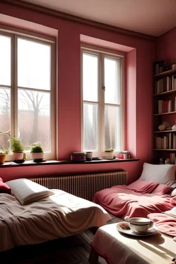 PinkRoom , four beds , sleeping , tablet , cup of coffee , books , big window