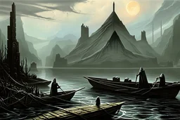 on the river Styx, in a special creepy boat, the boatman in the hood of Death, who takes the guilty people to the endless darkness, to hell on the boat, the crowd of crying, howling, begging dead, surreal style, dark colors, strange surreal nightmare landscape, high detail, sinister, surreal art, chillingly fascinating