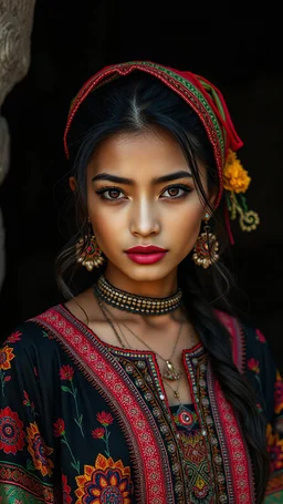 a beautiful female in colorful ethnic dress in black and white world, only she is the colored version of life, cinematic shot in close up