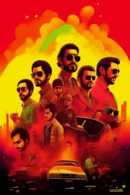 A poster of an arab movie, featuring a lot of arabs with sunglases, explosions, cars. The movie poster is in the style of indiana jones. Theres is a big title, rainbow colors. Takistan life, alpacino. Ninjas and drug dealers.