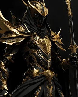 Mythical fantasy Black and gold assassin armour with a gold trim going down the armour, black and gold arm gauntlets, glowing gold eyes, black and gold arrow quiver, black and gold flowing cape, turned to one side, holding many black and gold weapons like scythes