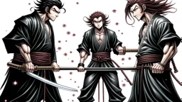 yujiro hanma vs yoriichi tsugukuni, baki vs kimetsu no yaiba, two mans standing in front of each other, a big strong man in black shirt with red hair and evil grin in martial art's stance with bare fists facing a smaller feminine swordsman with long hair and calm face reaching for his sword in traditional japanese clothes both preparing to fight each other