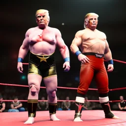 Wrestler Donald trump, wrestling, sweat, blood, red breeches, suspenders, stars, retro style, 80s, hot ambient, photo studio, vibrant color, gradient, highly detailed, art stations, concept art, smooth, unreal engine 5, god rays, ray tracing, RTX, lumen lighting, ultra detail, volumetric lighting, 3d, finely drawn, high definition, high resolution.