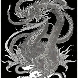 Ukiyo-e styled art, black and white picture with a red eastern dragon