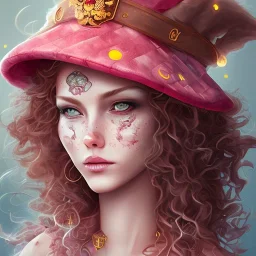 Fire witch, sweet looking, intimidating beauty, young, round face, pale skin, freckles, wild curly pink hair, red eyes, wearing a pink witch hat, wearing a glowing pink and red crystal necklace, pink and red eyeshadow, glossy pink lips