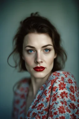 Face portrait of a beautiful 30 years old Polish woman taken by a Mamiya M645 camera with portrait lens on colour medium-format film, red lips, blue eyes, pored skin, hard light, skin isn't smooth