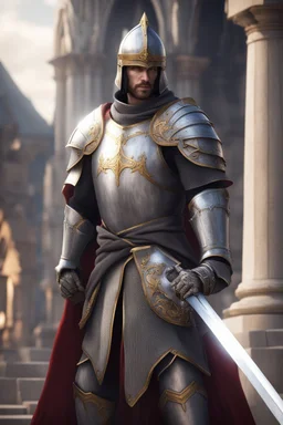 photorealistic holy knight paladin wearing a cape wielding a greatsword temple in the background