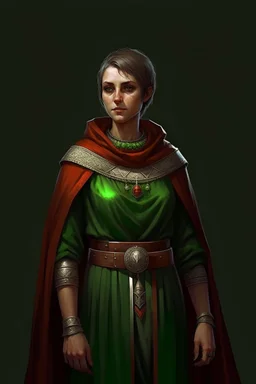 full length, tall, gangly, 22-year old, short haired, nordic looking grey-eyed female human cleric with a red beaded necklace, wearing scale mail, no earrings, dark green robes