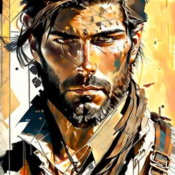 This tough handsome man is a real treasure hunter, adventurous and handsome, he carries a treasure map and suitcase.,In the background is a beautiful compass to show him the way, vertical lines and squares, Style of Ashley Wood, Daniel Gerhart, Thomas Saliot Modifiers: intricate portrait beautiful high detail close up painterly cartoonisch