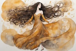 Dynamically dancing long haired brunette woman, in Klimt style, in ochre, watercolor and ink, golden glitters