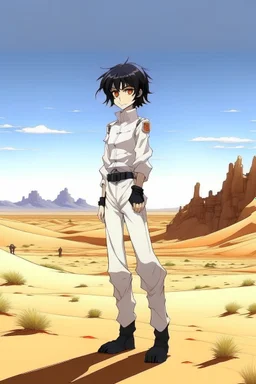 Meryl Stryfe Trigun young girl short black hair anime white clothes standing in the desert