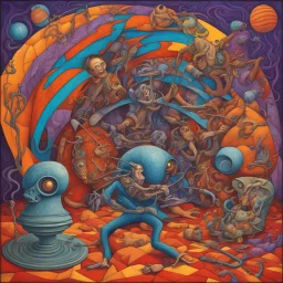 He who has been caught among thieves shall suffer the same fate, neo-surrealism, complementary vibrant colors, paradoxical chaos, by Stanley Mouse.