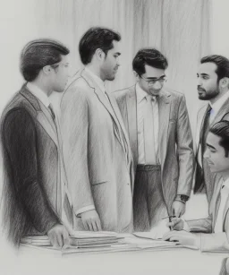 Pencil sketch of Four doctors are discussing ، on lined paper