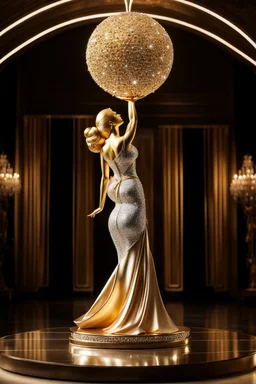 A magnificent golden and silver heart-shaped sign adorned with a stunning golden sphere encrusted with sparkling diamond clusters at its center, elegantly spinning in position,a golden statue of a girl in standing pose