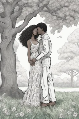 create a coloring page An illustration of a young heterosexual black couple standing under the shade of a towering oak tree, eyes closed and foreheads pressed together affectionately. The woman has long, curly hair that blows lightly in the breeze. She wears a floral sundress and holds her partner's hands tenderly. The background shows a sunny park with green grass, wildflowers, trees, and a pond. No shading, no color, No gray, clean lines and white back ground