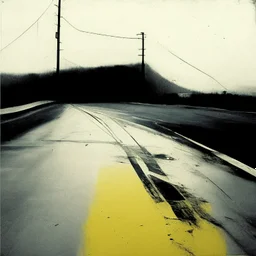 Minimal abstract oil paintings desolate 1960s carpark concrete fragments style of Justin Mortimer and Francis Bacon. Yellow road markings.