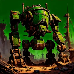 90's fantasy tcg art of a giant junk mech made of multiple parts in the ruins of a post apocalyptic green sludge junkyard