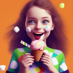 cute, adorable, smiling girl eating ice cream, candies flying all around her, Pixar, disney, cinema lighting, gaming, 8k, magic, love --q 1 --v 4