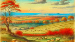 AUTUMN LANDSCAPE OF WHEAT FIELDS WHERE A Flock OF SHEEP GRAZES, THERE ARE SOME SMALL TREES WITHOUT LEAVES AND THE SHEPHERD IS GEEMED IN THE BACKGROUND, HEIDELBERG SCHOOL STYLE