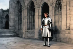 [middle age art by Jason and the Argonauts (1963)] at nightfall: lonely youthful smiling Joan of arc in her armour in the courtyard of the Royal Court in Chinon for an audience with Charles, the King of France at the age of 17. the guards open the gates of the city
