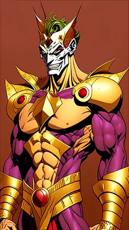 The Joker wears a golden pharaonic suit inlaid with red stones, and has muscles. The drawing is a cartoon anime