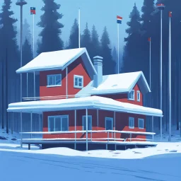 house in the forest, Winter, snow, very cold, Finnish flagpole, Finnish flag, Simon Stålenhag style