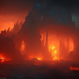 dynamic lighting, Intricately detailed, deep color, Unreal Engine, volumetric lighting, Hell landscape, Hell concept art, Hell fantasy artwork, nightsky, orange, red, nebulae, fields, abandoned buildings, ruins,