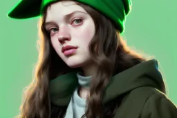 girl, cute, beautiful, long hair, wavy hair, red hair, green eyes, green beanie, green coat, black tee shirt, head and shoulders portrait, 8k resolution concept art portrait by Greg Rutkowski, Artgerm, WLOP, Alphonse Mucha dynamic lighting hyperdetailed intricately detailed, algerian flag