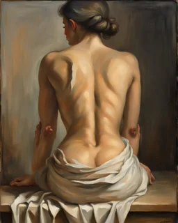 masterpiece classical academic oil painting, figurative study of a seated female figure viewed from behind, focus on anatomy, posture, and painterly texture, subject seated on a surface with a natural relaxed pose, torso slightly leaning forward the figure is partially draped in simple light fabric around the lower body and upper torso, arranged modestly, emphasizing form through light and shadow rather than exposure detailed back anatomy: visible shoulder blades, natural spine curvature, soft m