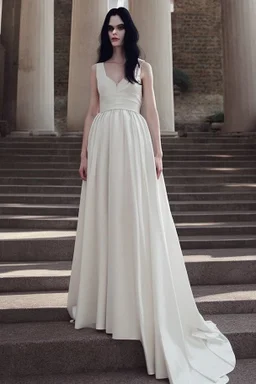 A very long wedding dress similar to Greek dresses with long black hair Photorealistic