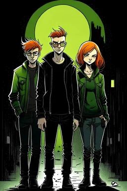 Two teenage boys with ginger hair, green eyes, and pale faces. Between them, in the centre, a teenage punk girl in dark clothes, heavy boots, leather jacket. The black cat next to the girl, small town, mysterious mood, graphic style, Margot Robbie style, night with light glares.