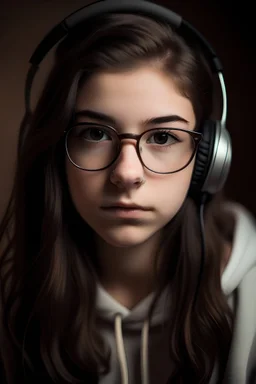 ragazza di 18 anni che ascolta la musica con i capelli castani, gli occhi scuri e gli occhiali