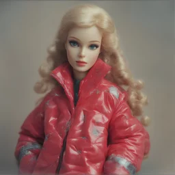 Barbie doll, red, autochrome, plastic puffy jacket