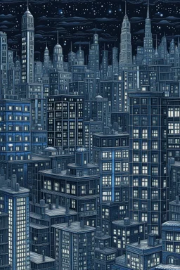 Very Fine lines draw of a dream city , nyc building , dark blue all no windows