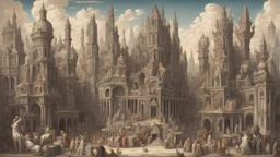 Depiction of an elaborate fantasy cityscape with various architectural styles, including classical and gothic elements, with statues of humans, animals, birds, and mythical figures with multiple levels of buildings.