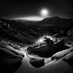 black and white, hyper-realistic photo, a being similar to man and insect writhes in a rocky, desert environment, at night, but the panorama is illuminated with dazzling, hypnotic, obsessive light.