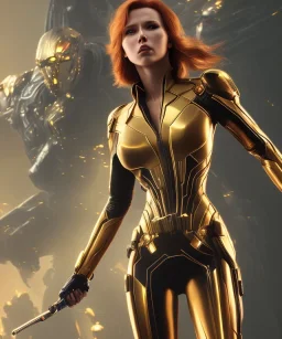 black widow, golden suit, full body close up, soft light atmosphere, light effect，vaporwave colorful, concept art, smooth, extremely sharp detail, finely tuned detail, ultra high definition, 8 k, unreal engine 5, ultra sharp focus