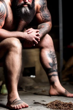 full figure shot frontal photography of a 40 year old dirty burly beefy gipsy carpenter wet sweat , tattoo, bullneck, long curly white beard , dreadlocks, manly chest, short white boxer, bulge, under the sun, sitting in the garbage outside an abandoned warehouse, misery and poverty, open legs, photorealistic, look at camera, very detailed , view from the ground , ambient occlusion