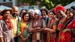 Nikon D850 with Nikkor 24-70mm f/2.8 lens at f/5.6: [18 volunteers from diverse ethnic backgrounds, including Cockney, Jewish, Asian, Polish, Scottish, Black, Chinese, Indian, and Japanese, gathered together at a vibrant multicultural festival in Wandsworth, London, showcasing their traditional attire and expressions], [warm sunlight casts a gentle glow on the scene, with subtle shadows accentuating the textures and colors of the clothing and surroundings], creating [unity and celebration]