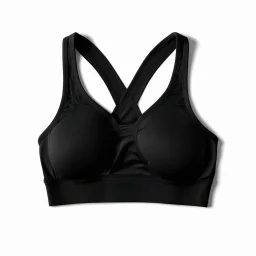 Folded Cross-back sport bra, top view, flat lay, realistic, active wear, black material