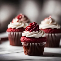 Red Velvet Cupcakes , close-up, side lighting, blurred background