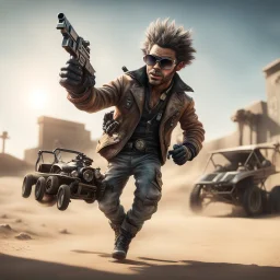 airbrush with pen outline, cool mad max pimp preacher gremlin holding automatic pistol, and jumping with a dune buggy against a wall wearing driver gloves, wearing flip down sun glasses, in the style of a fallout 4,bokeh like f/0.8, tilt-shift lens 8k, high detail, smooth render, down-light, unreal engine, prize winning