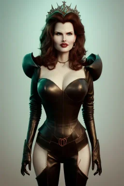 Geena Davis as evil queen in black leather, leather, busty, cleavage, angry, rage, stern look. character design by cory loftis, fenghua zhong, ryohei hase, ismail inceoglu and ruan jia. unreal engine 5, artistic lighting, highly detailed, photorealistic, fantasy