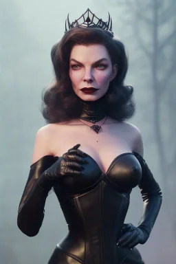 Lauren Bacall as evil queen in black leather, leather, busty, cleavage, angry, stern look. character design by cory loftis, fenghua zhong, ryohei hase, ismail inceoglu and ruan jia. unreal engine 5, artistic lighting, highly detailed, photorealistic, fantasy