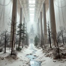 Photograph, a mass of wires, giant museum space, trees, pillars, high walls, schermi di computer, high towers in a room, rag, powder, brook, sediments, deflagration of the background, geological formation, light, architecture, minimalist, details of the terrain very accentuated, 8k, deep 3d field, sharp, brutalist, hasselblad h6d400c --ar 85:128 --v 6.0