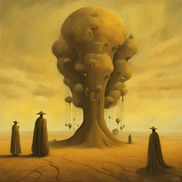 the bells become their voice, styled by Leonora Carrington and Zdzislaw Beksinski, asymmetrical surrealism, vertigo-inducing expansive landscape of Beksinski, surreal elongated figures of Carrington, trending on Artstation, matte oil painting, additional style by Magritte